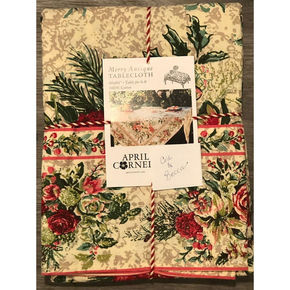 APRIL CORNELL Christmas Merry Antique 60X84”Tablecloth Cotton Red Cream …